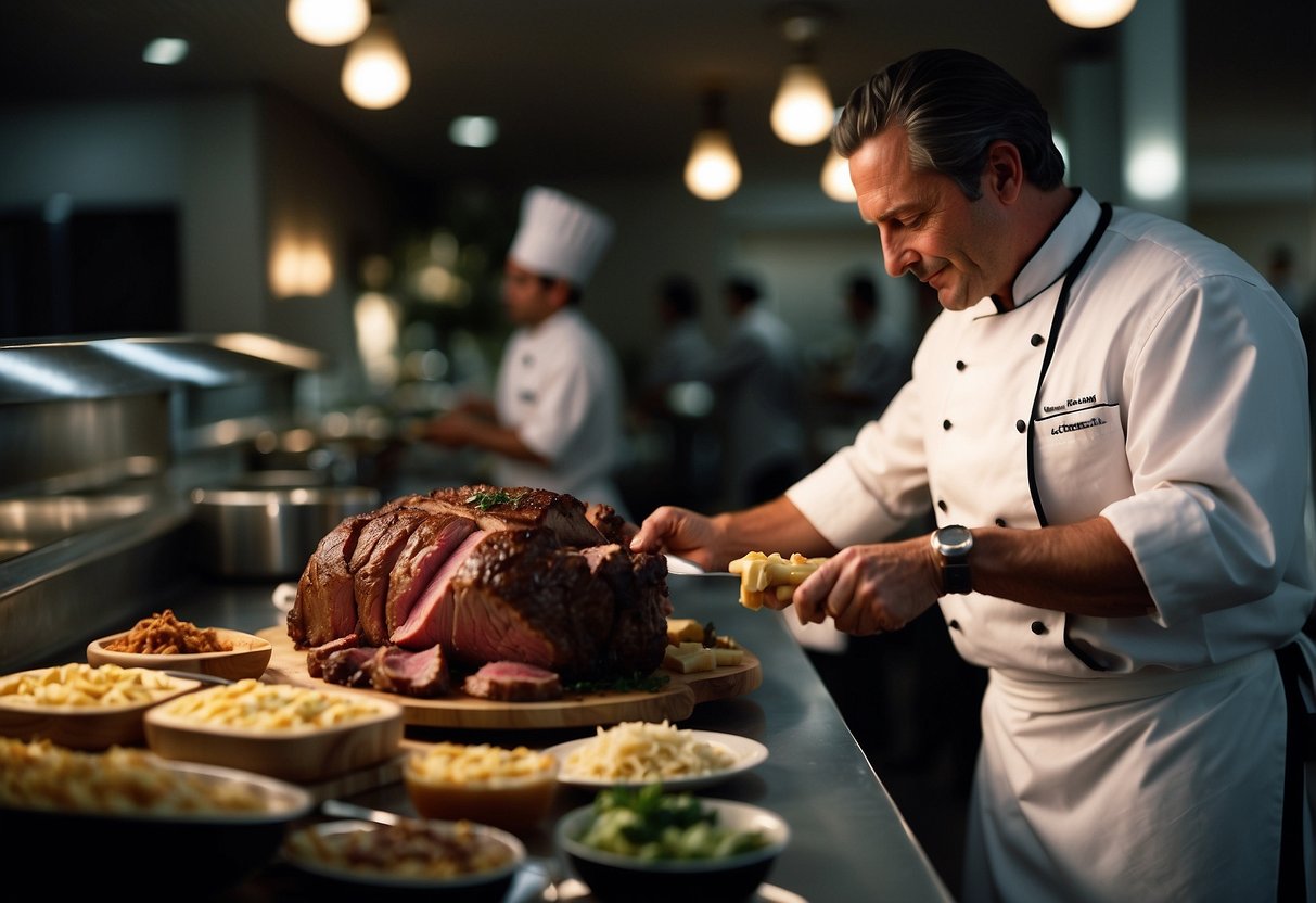 A chef carves prime rib at a wedding buffet station