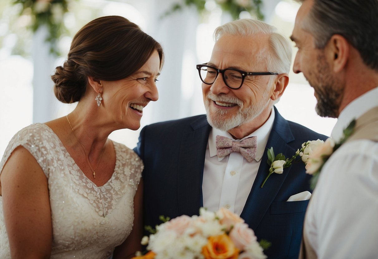 A father and mother-in-law exchange heartfelt words with their daughter and son-in-law on their wedding day, emphasizing the importance of trust in building a lasting relationship