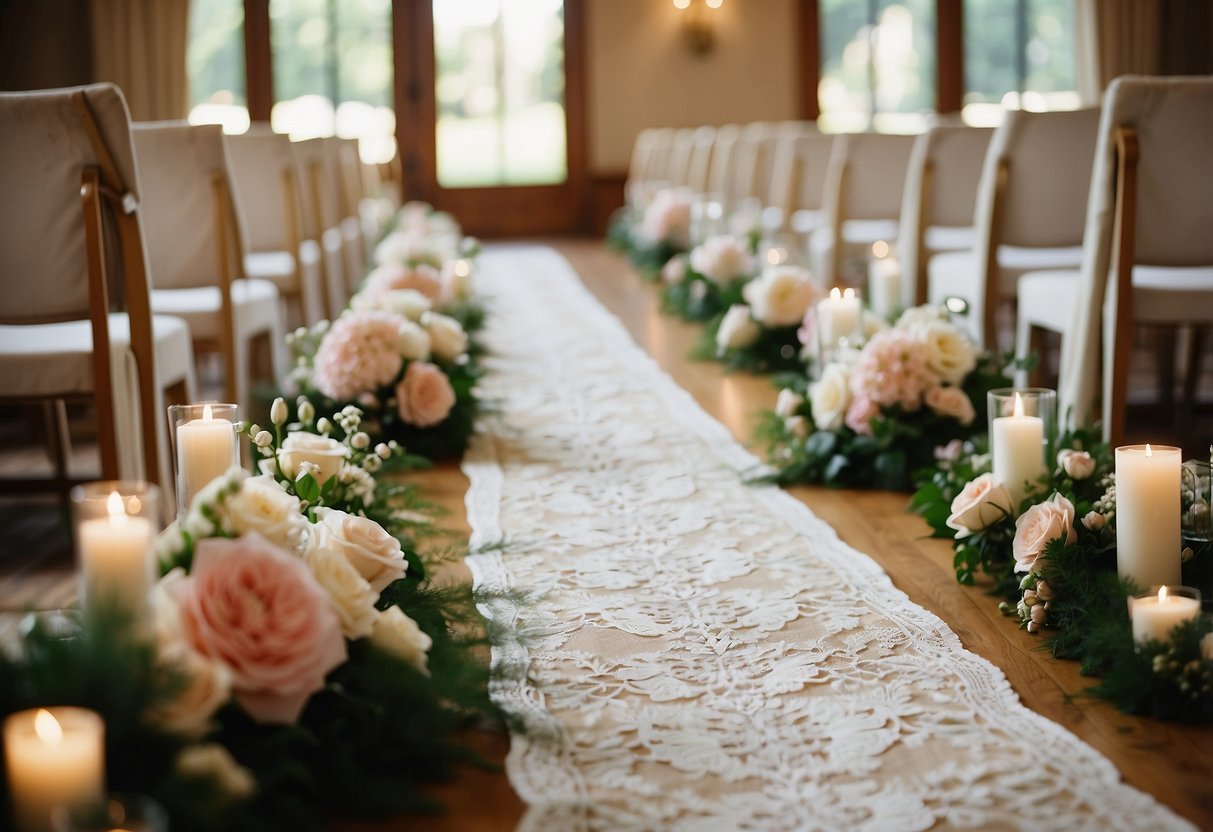 A vintage lace runner stretches down the center of a wedding aisle, adorned with delicate floral patterns and intricate details