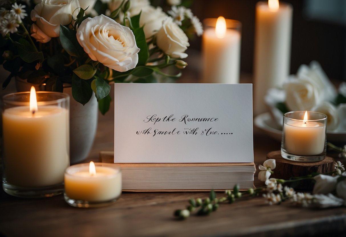 A handwritten note with "Keep the romance alive with small gestures" on a table, surrounded by flowers and candles