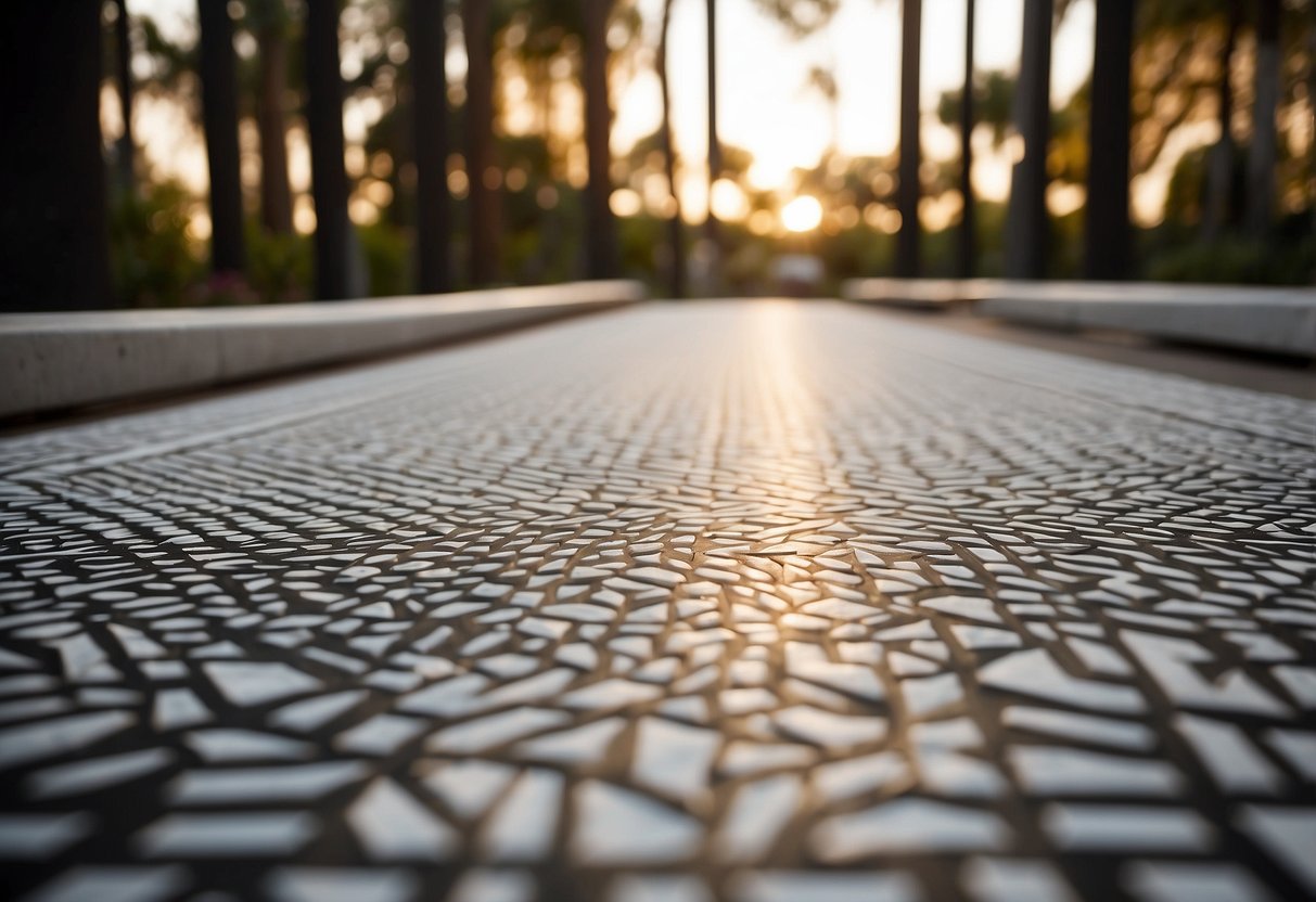 A bold geometric patterned wedding aisle runner stretches out in a clean, modern space