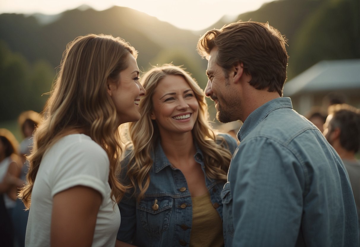 A couple embraces, surrounded by friends. They exchange words of encouragement and love, promising to be each other's best friend and biggest supporter