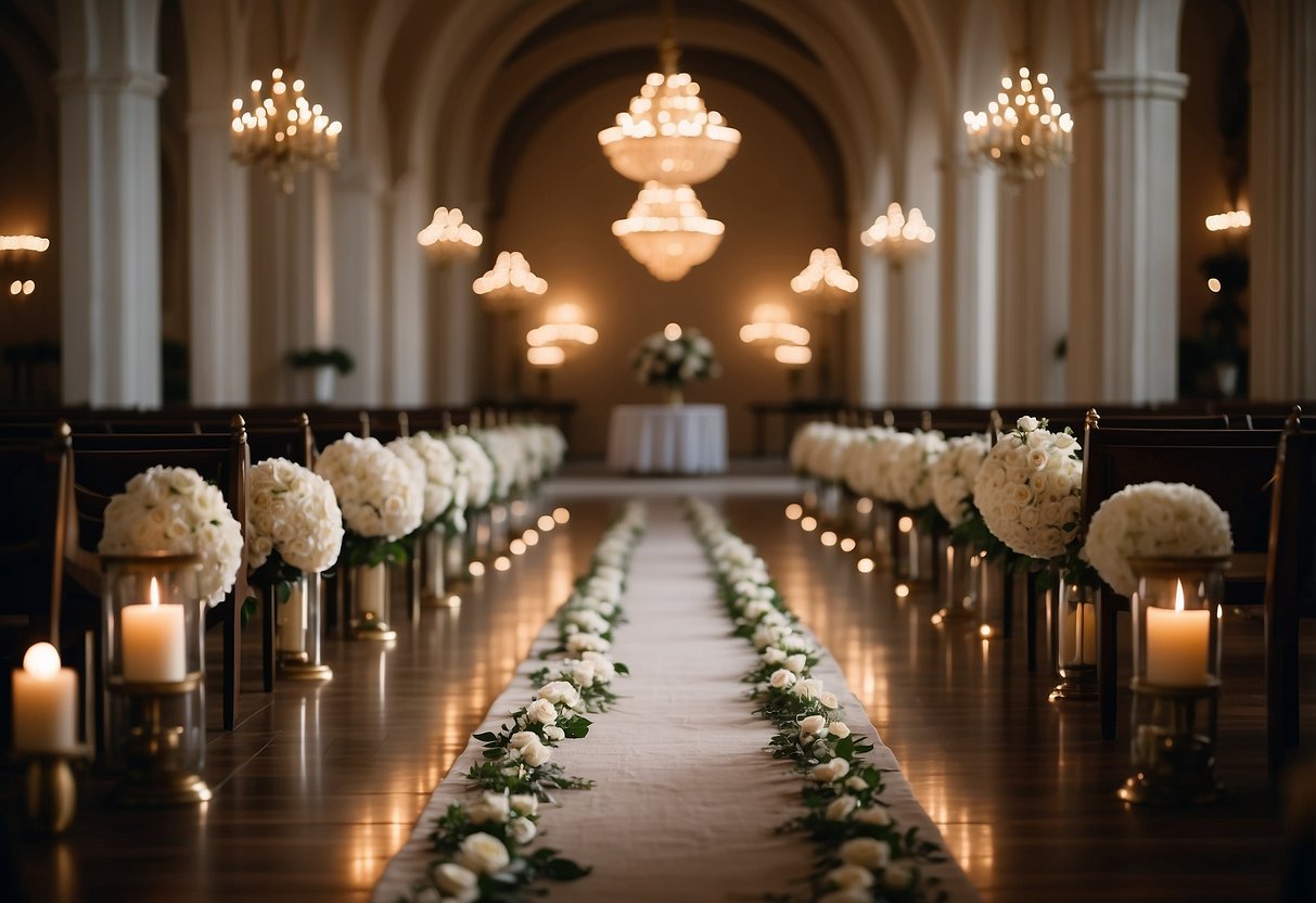 An elegant velvet runner stretches down the center of a grand wedding aisle, adorned with delicate floral arrangements and softly lit by glowing candles