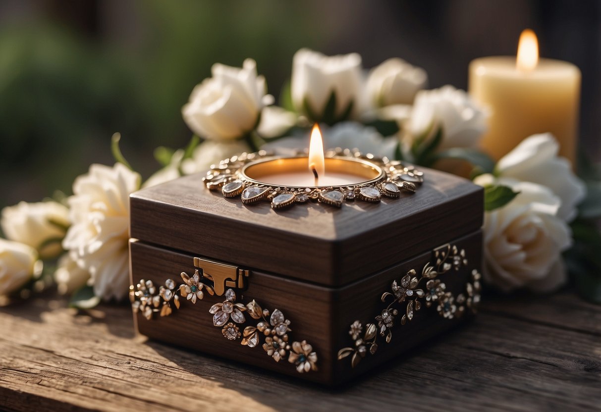 A ring box surrounded by flowers and candles on a rustic wooden table, with a soft focus background of a picturesque outdoor setting