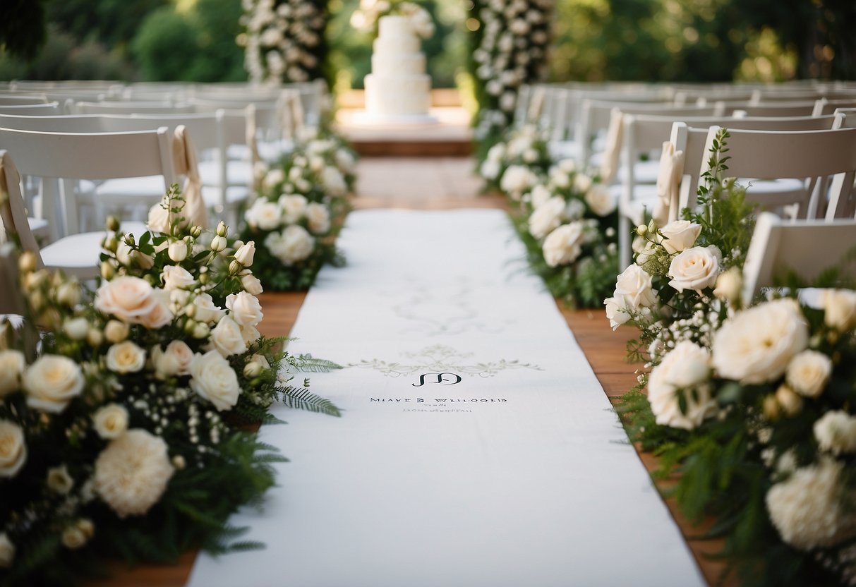 A white wedding aisle runner with elegant floral designs and the couple's monogram at the center, leading to a beautiful arch adorned with flowers and greenery