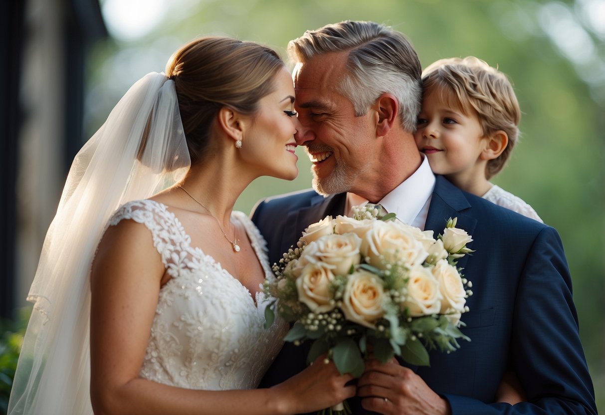 A father embraces his daughter and son-in-law, expressing love and pride on their wedding day