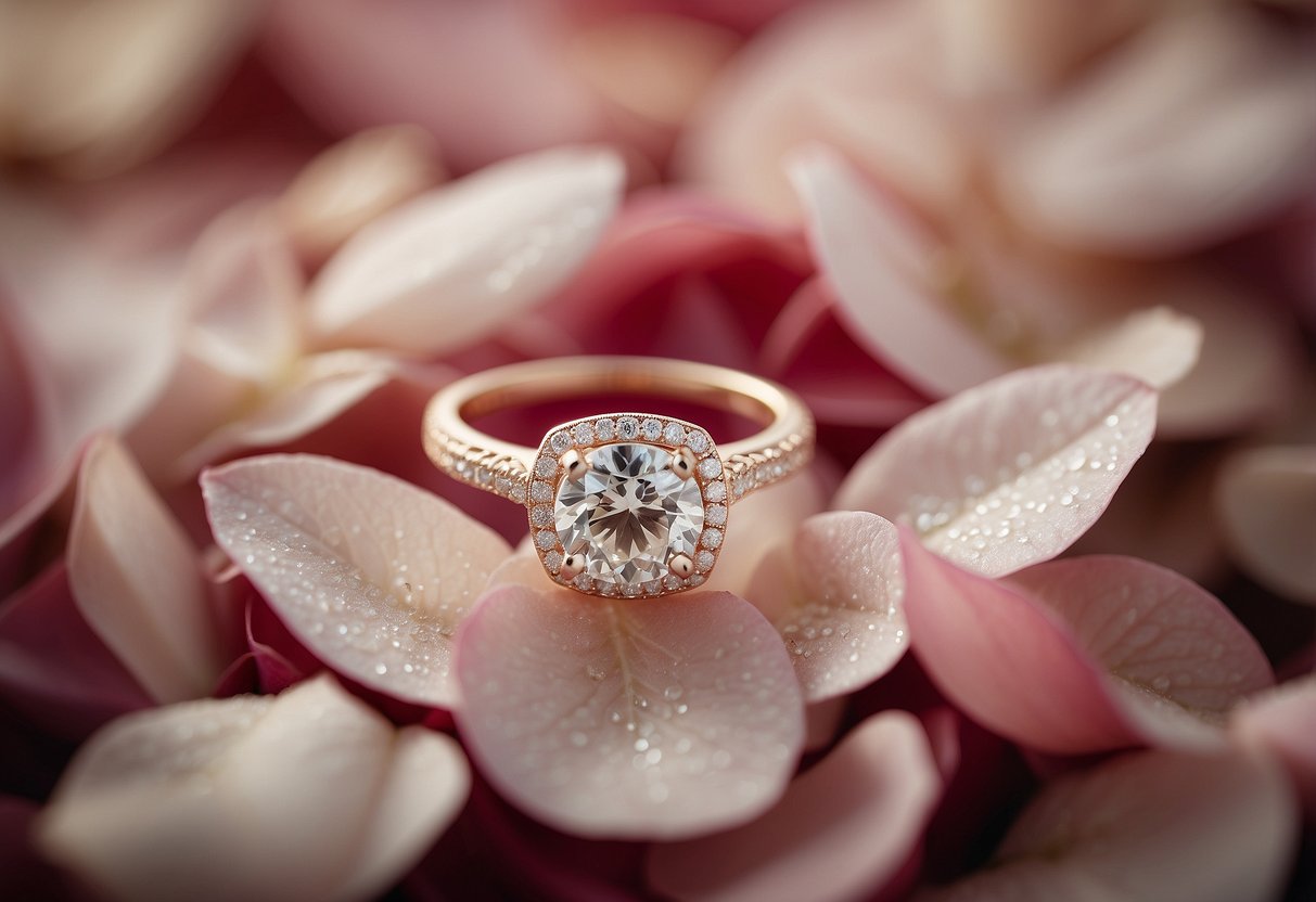 A sparkling engagement ring on a bed of rose petals, with the words "I said yes!" in elegant script