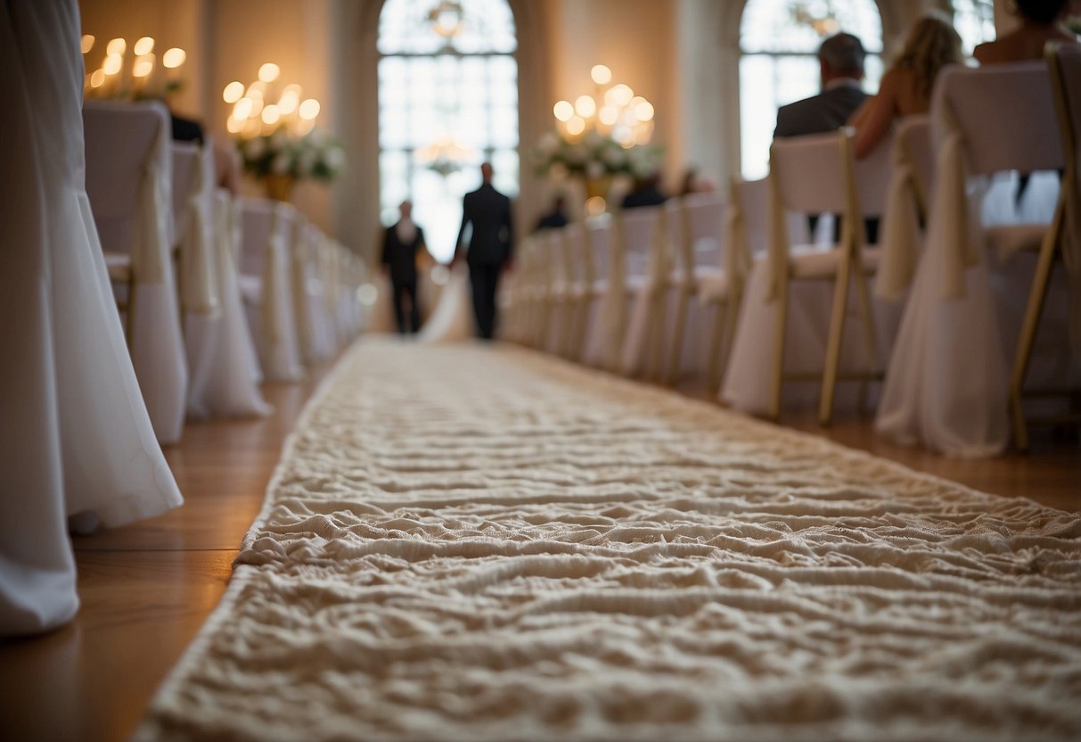 A long, smooth silk runner stretches down the center of an opulent wedding aisle, adorned with intricate lace and delicate floral patterns