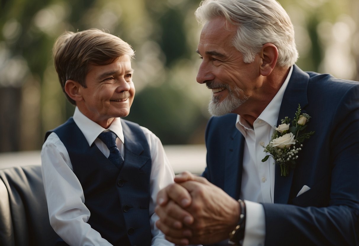 A father and son-in-law share a heartfelt conversation on the wedding day, looking ahead to the future with hope and encouragement