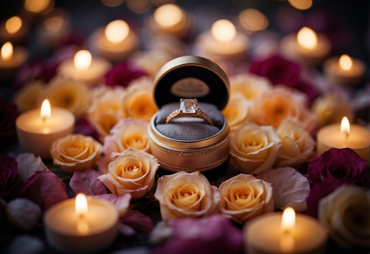 A ring box placed on a bed of rose petals, surrounded by flickering candles and soft fairy lights