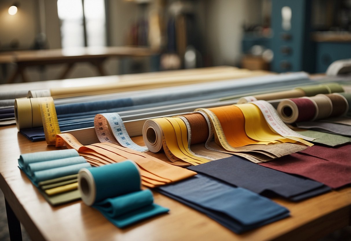 A table with various fabric swatches, scissors, and measuring tape laid out. A sign reads "Choosing the Right Material for Aisle Runners."