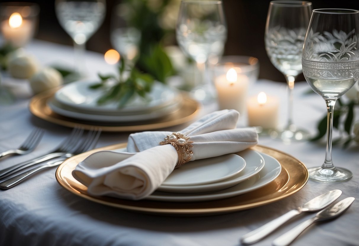 A table set with elegant wedding napkin designs, folded into intricate shapes and adorned with delicate details