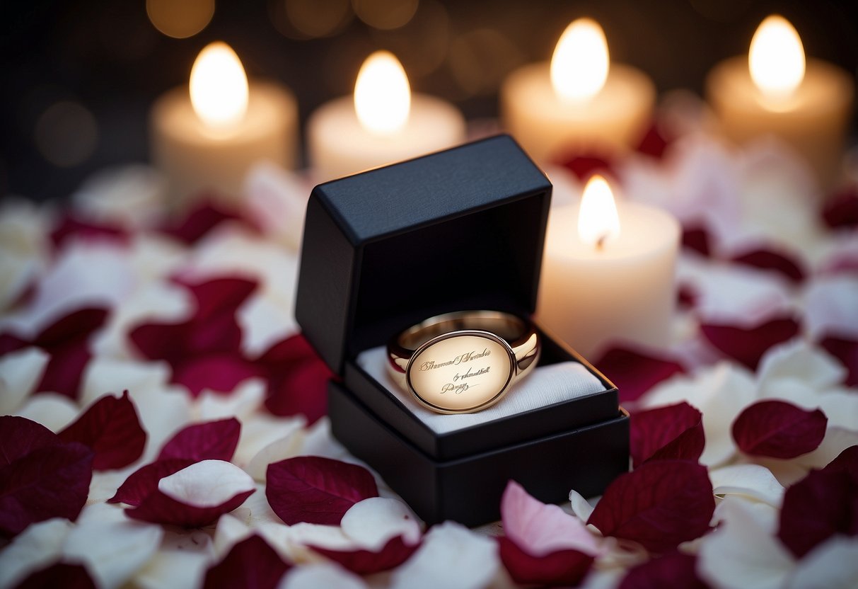 A ring box nestled in a bed of rose petals, surrounded by flickering candles and a handwritten love note