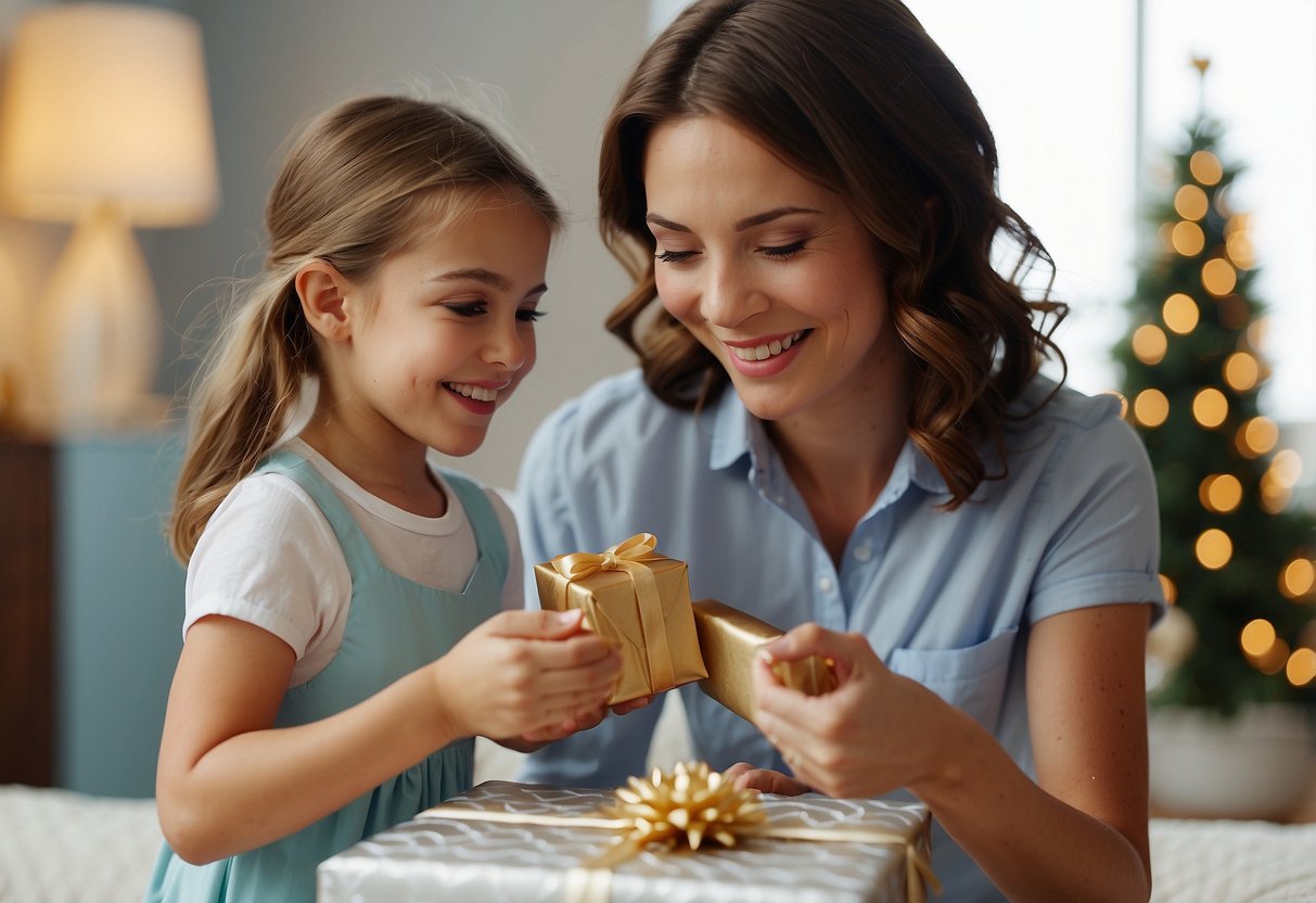 The mother presents a wrapped gift to her daughter