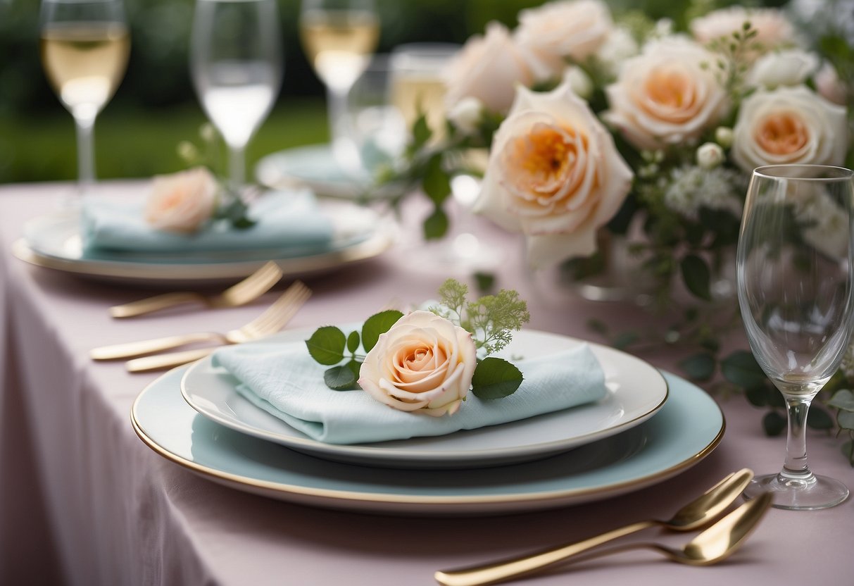 A table set with elegant floral design wedding napkins, featuring delicate roses and greenery in soft pastel colors