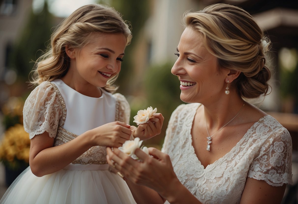 A mother presents a custom necklace to her daughter, the bride, with a heartfelt smile