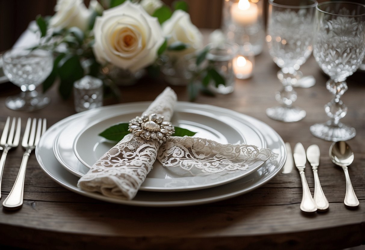 A lace wedding napkin with delicate floral patterns, draped over a vintage table setting with antique silverware and crystal glasses