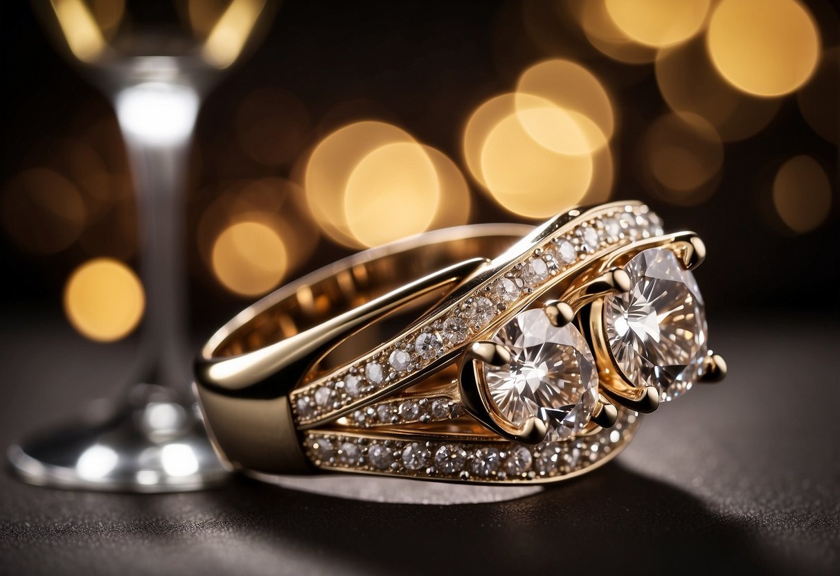 A sparkling diamond ring on a delicate hand, with a background of celebratory champagne glasses and a romantic candlelit setting