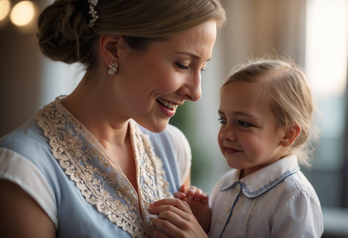 A delicate handkerchief is presented by the mother to her daughter as a gift, adorned with intricate embroidery