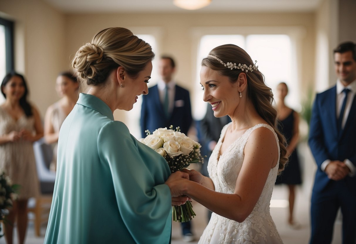 Mother presents a robe to her daughter at the wedding