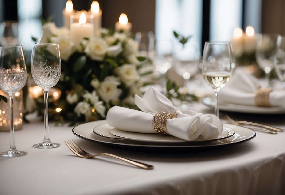 A table set with white linen napkins folded into elegant designs for a classic white wedding