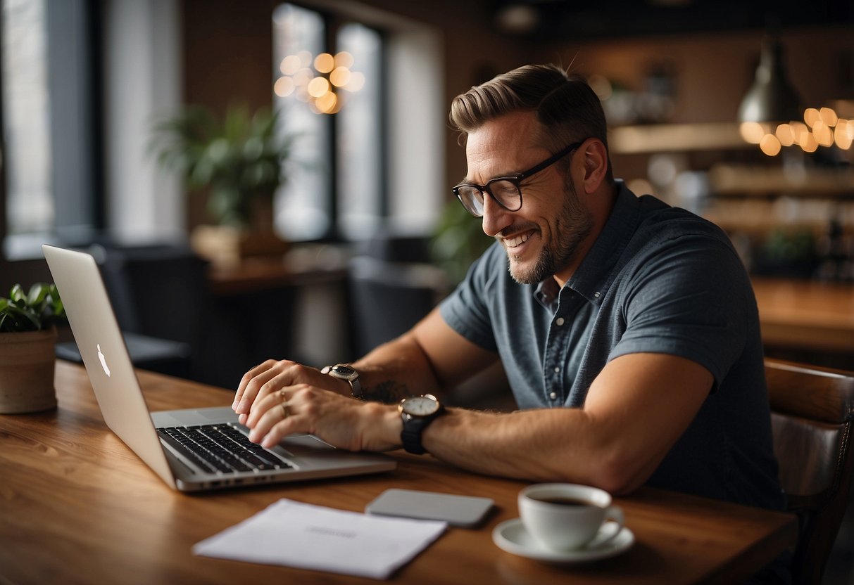 A man sits at a desk, typing on a laptop with a smile. A ring box and wedding photos are scattered around, as he shares his engagement story on social media