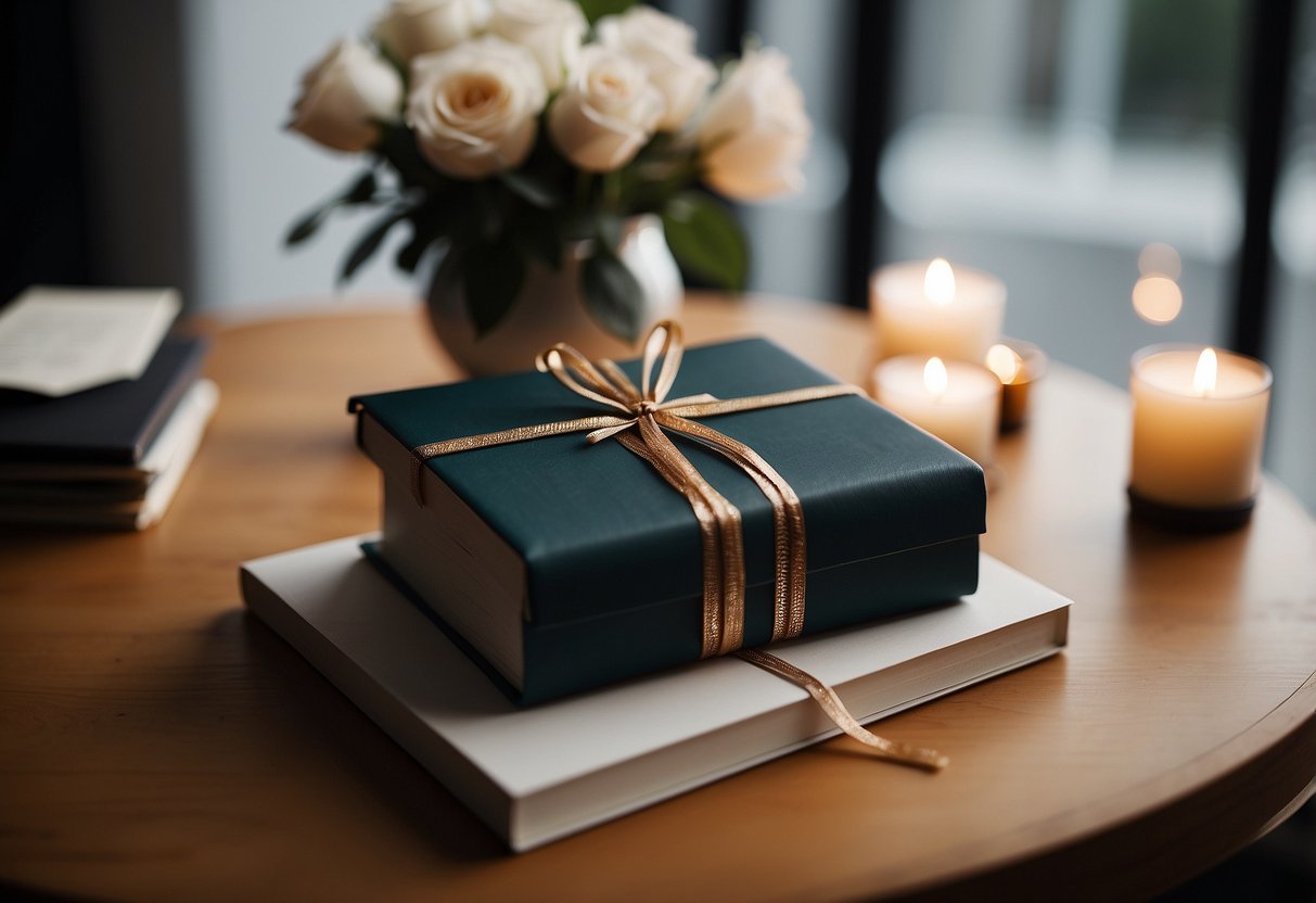 A photo album lies open on a table, filled with cherished memories. A small gift box sits nearby, waiting to be given to the bride by her mother