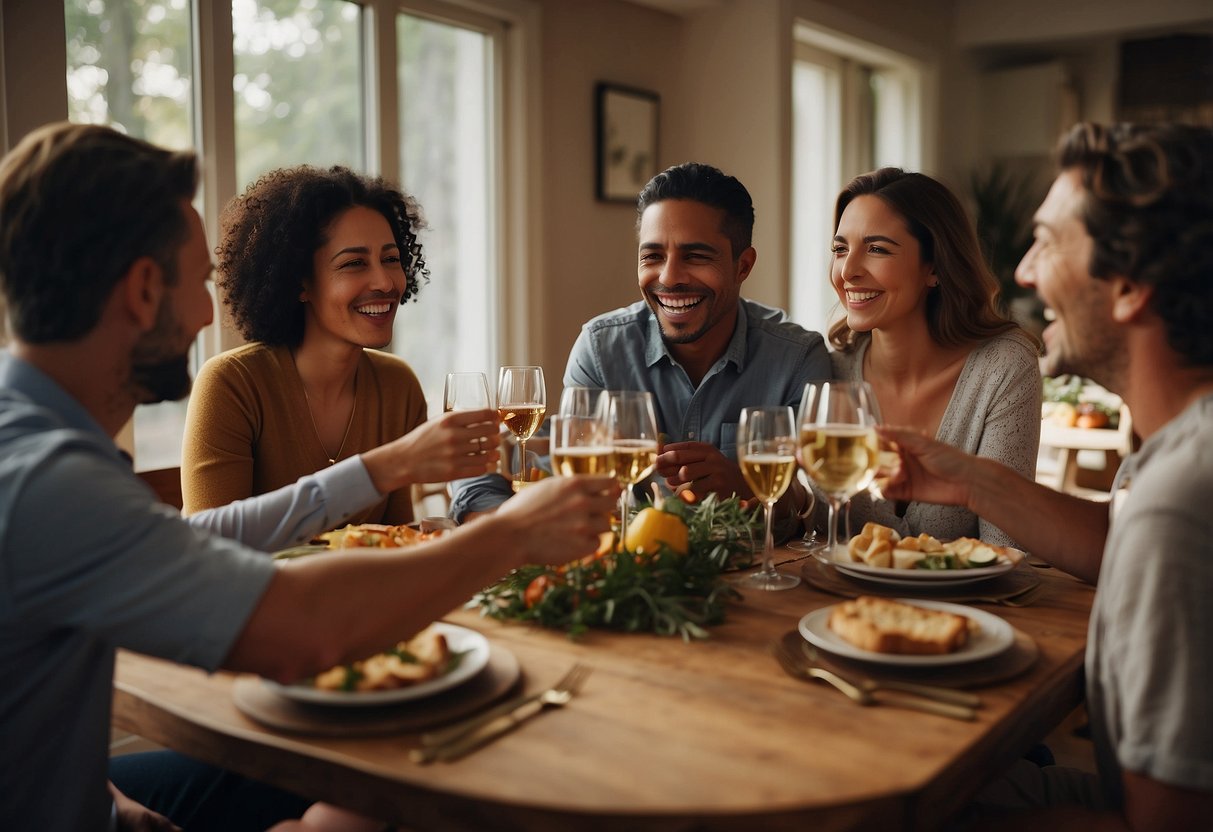 Two families gather around a beautifully decorated table, raising their glasses in a toast. A festive atmosphere is evident as laughter and smiles fill the room