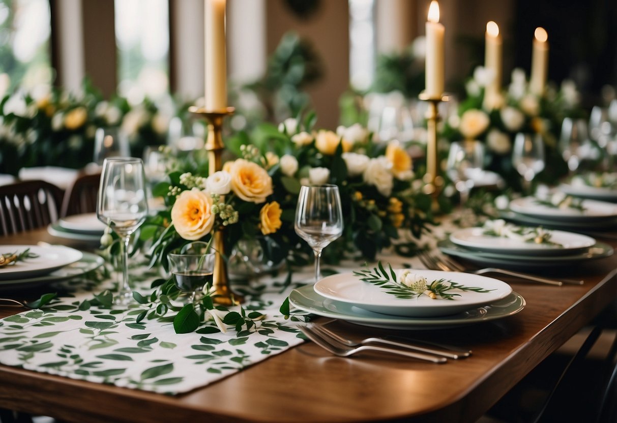 A table set with botanical print napkins, surrounded by floral centerpieces and greenery