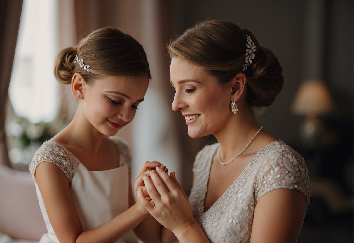 The mother presents a delicate necklace to her daughter, tears glistening in her eyes as she watches her little girl prepare for her wedding day