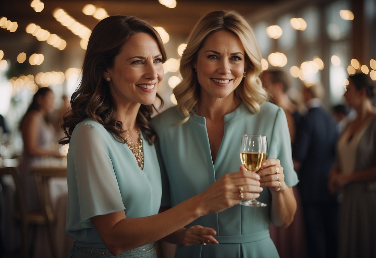 Mother presents engraved glassware to daughter. Gift exchange at wedding