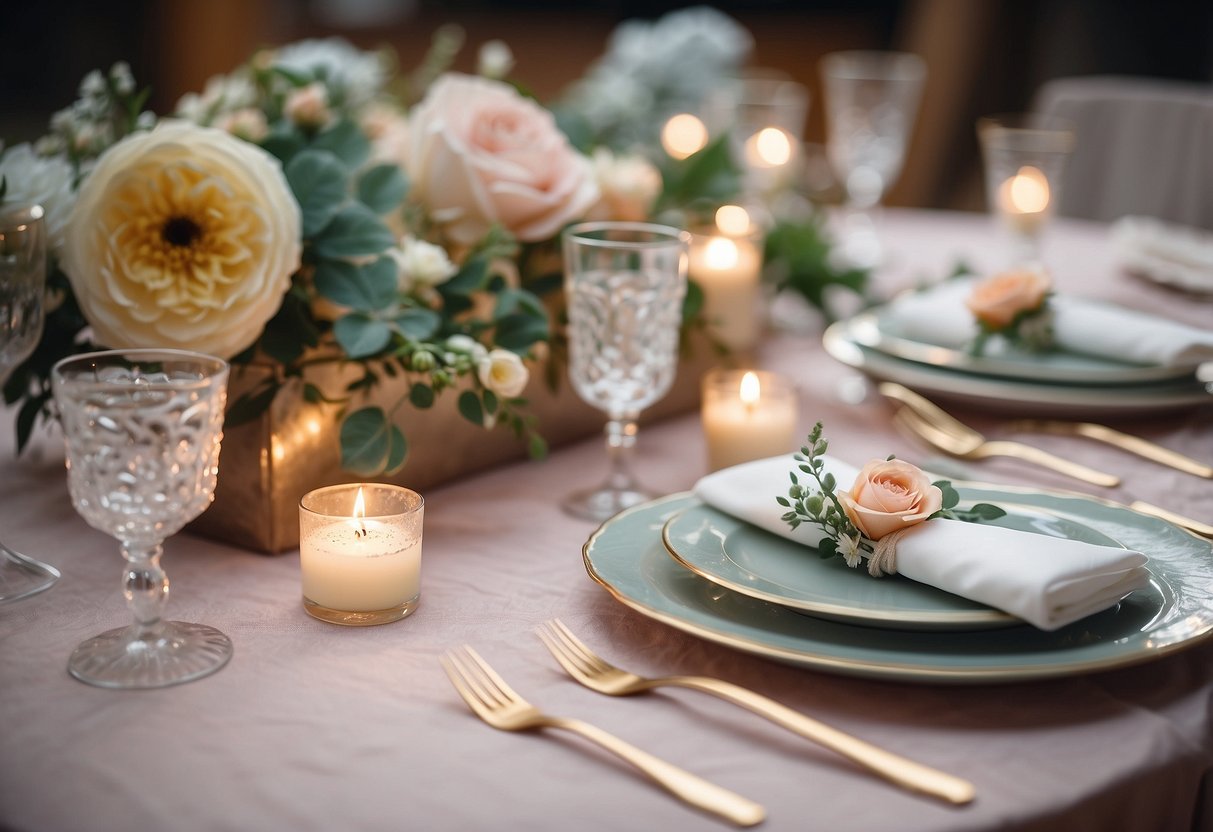 A table set with delicate watercolor wedding napkins, featuring soft pastel hues and intricate floral designs