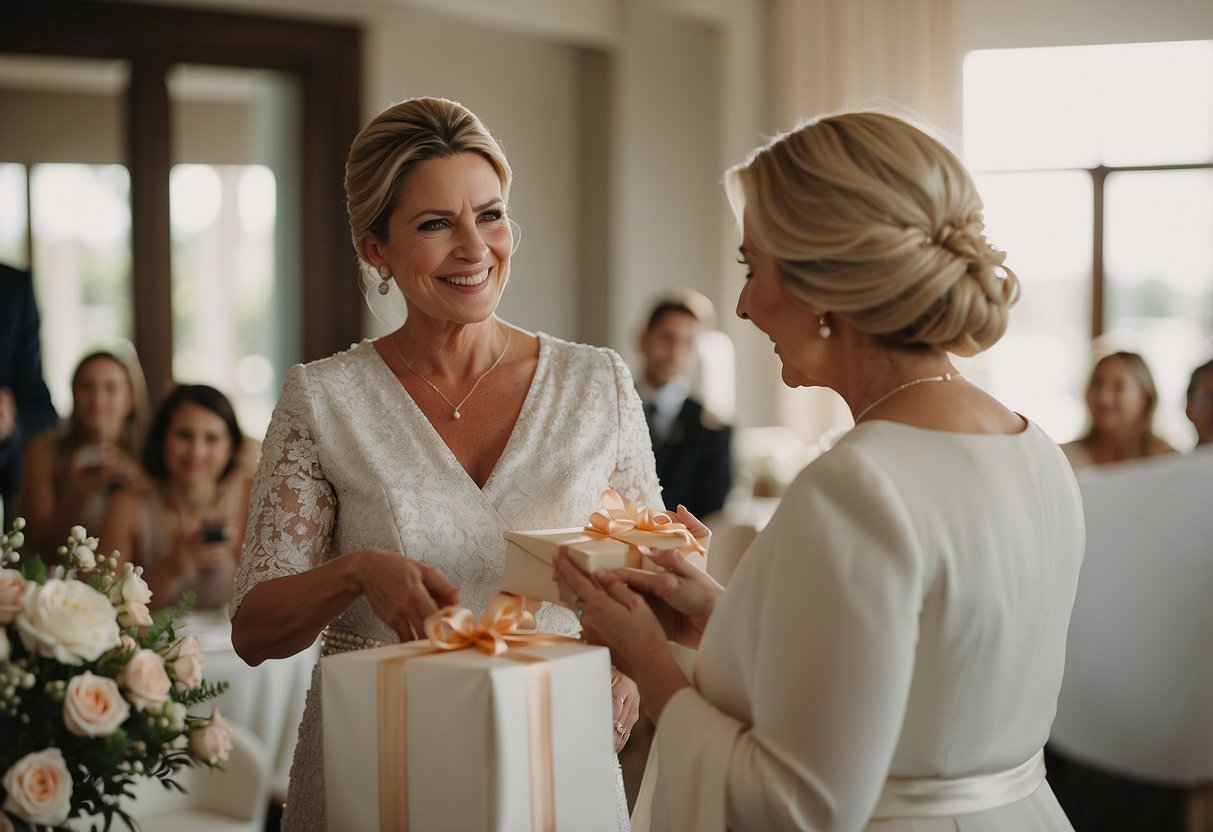 The mother of the bride presents a gift to her daughter at the wedding