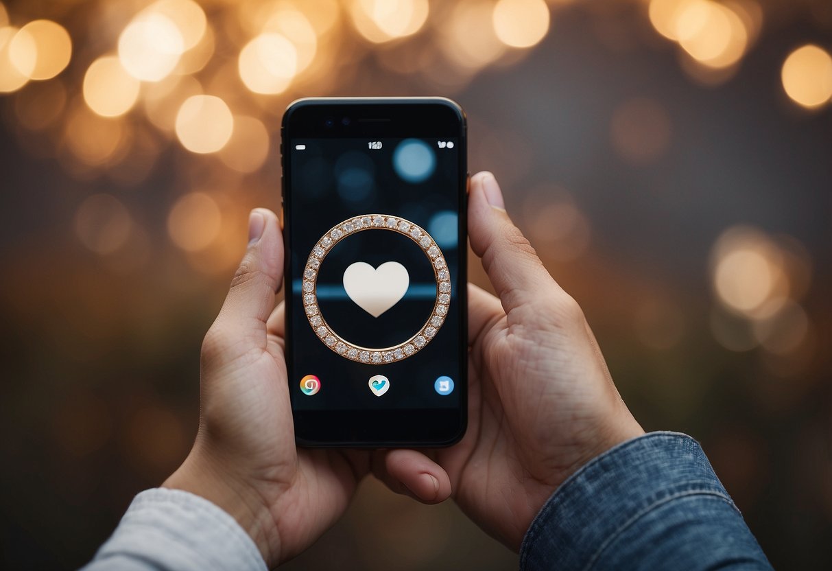 A couple's hands holding a ring, with a smartphone displaying engagement announcement on social media in the background