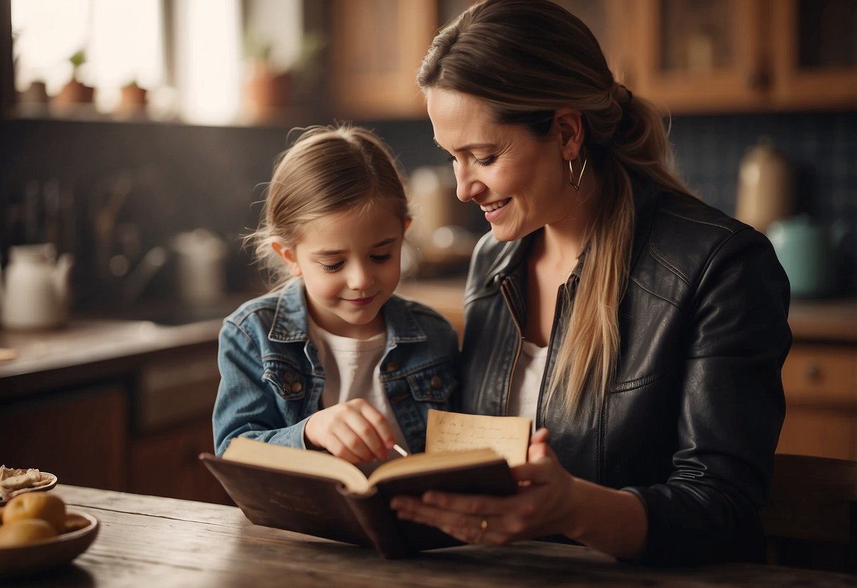 A mother presents a worn, leather-bound recipe book to her daughter, adorned with faded handwritten notes and well-loved pages