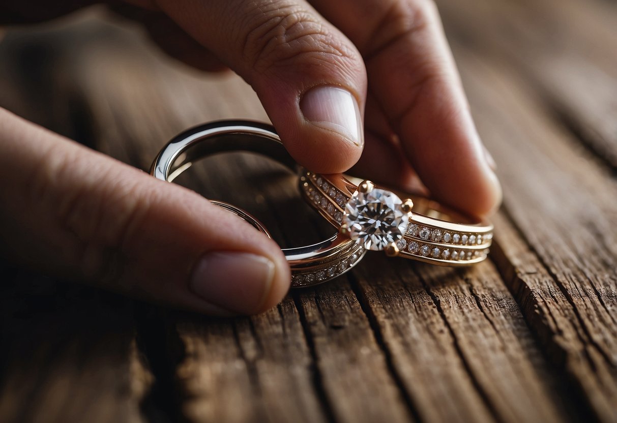 A couple's hands placing a diamond ring on a rustic wooden surface with soft, natural lighting