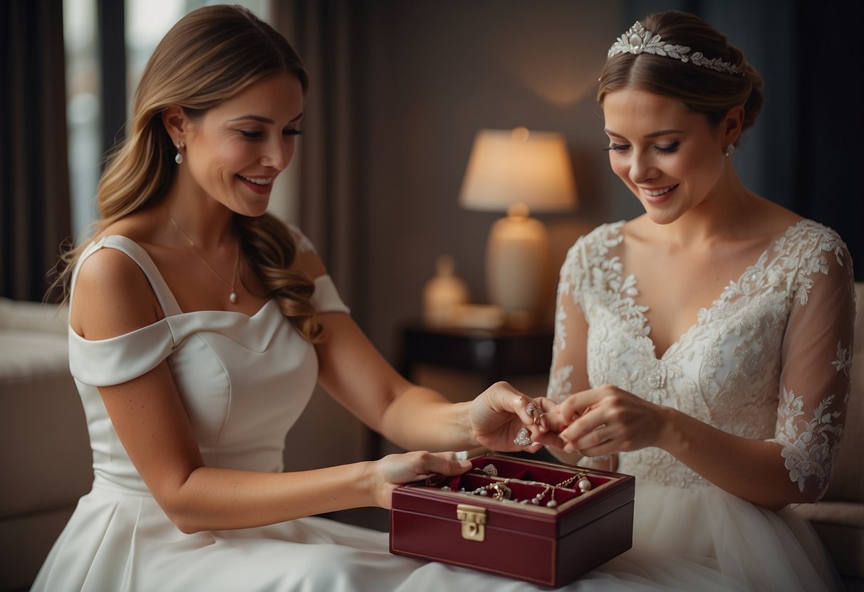 The mother presents a delicate jewelry box to her daughter, symbolizing love and support on her wedding day