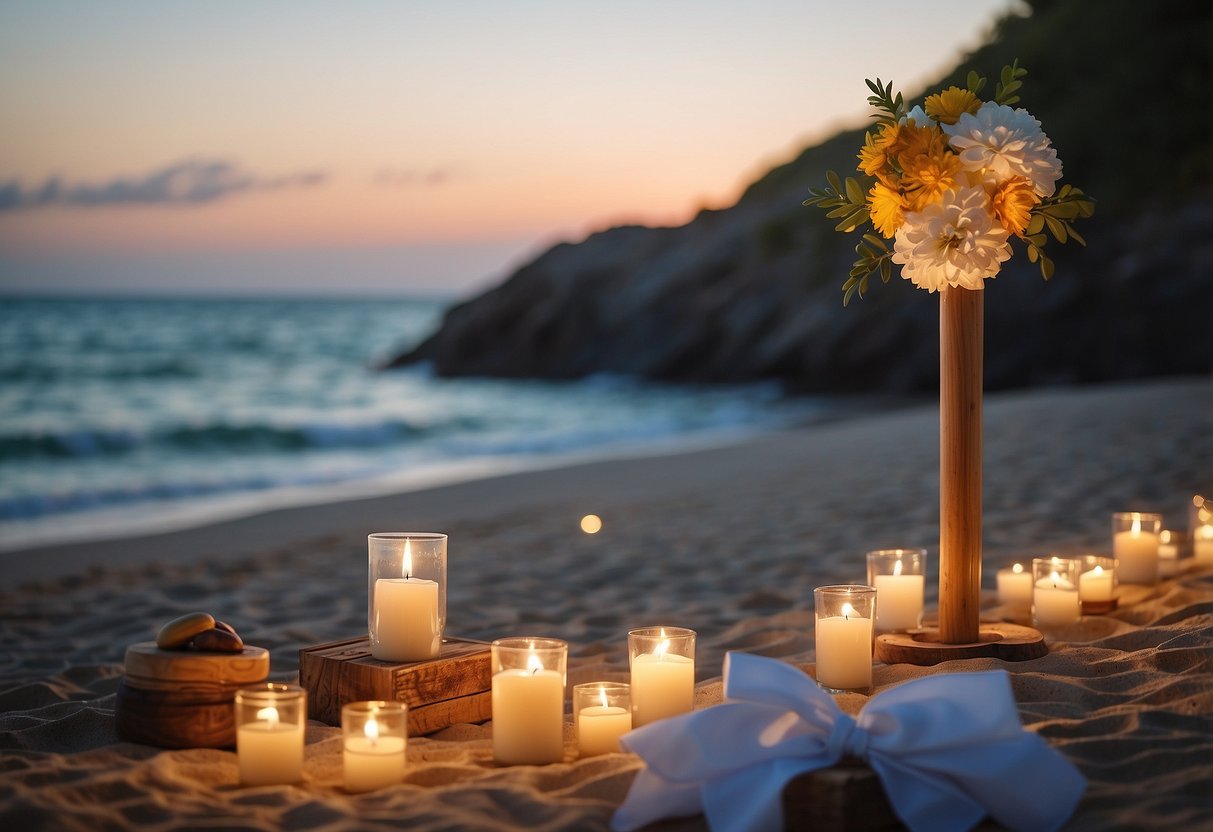 A serene beach setting with colorful, budget-friendly decorations and a makeshift altar for a destination wedding