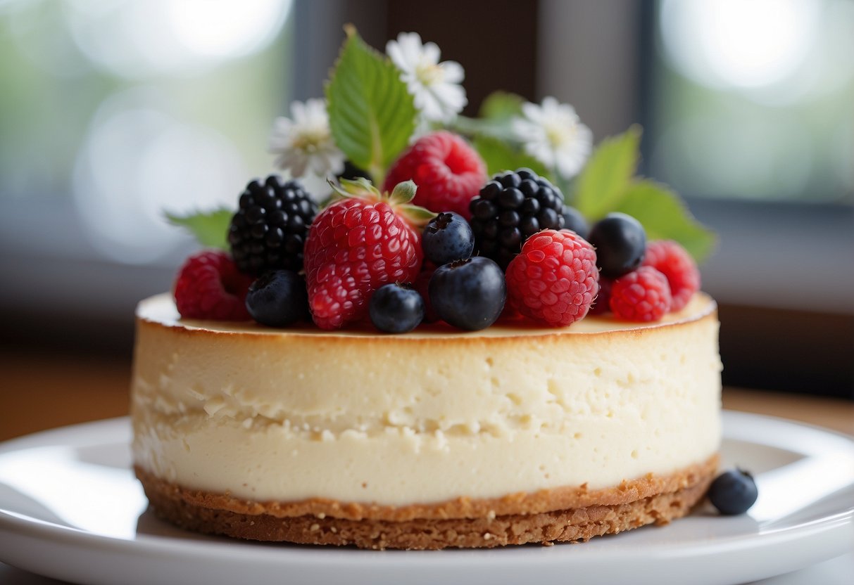 A tiered cheesecake wedding cake adorned with fresh berries and delicate flowers