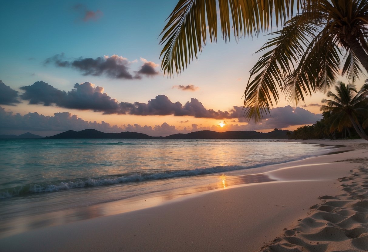 A serene beach with palm trees, white sand, and turquoise waters. A colorful sunset paints the sky as a gentle breeze rustles the palm fronds