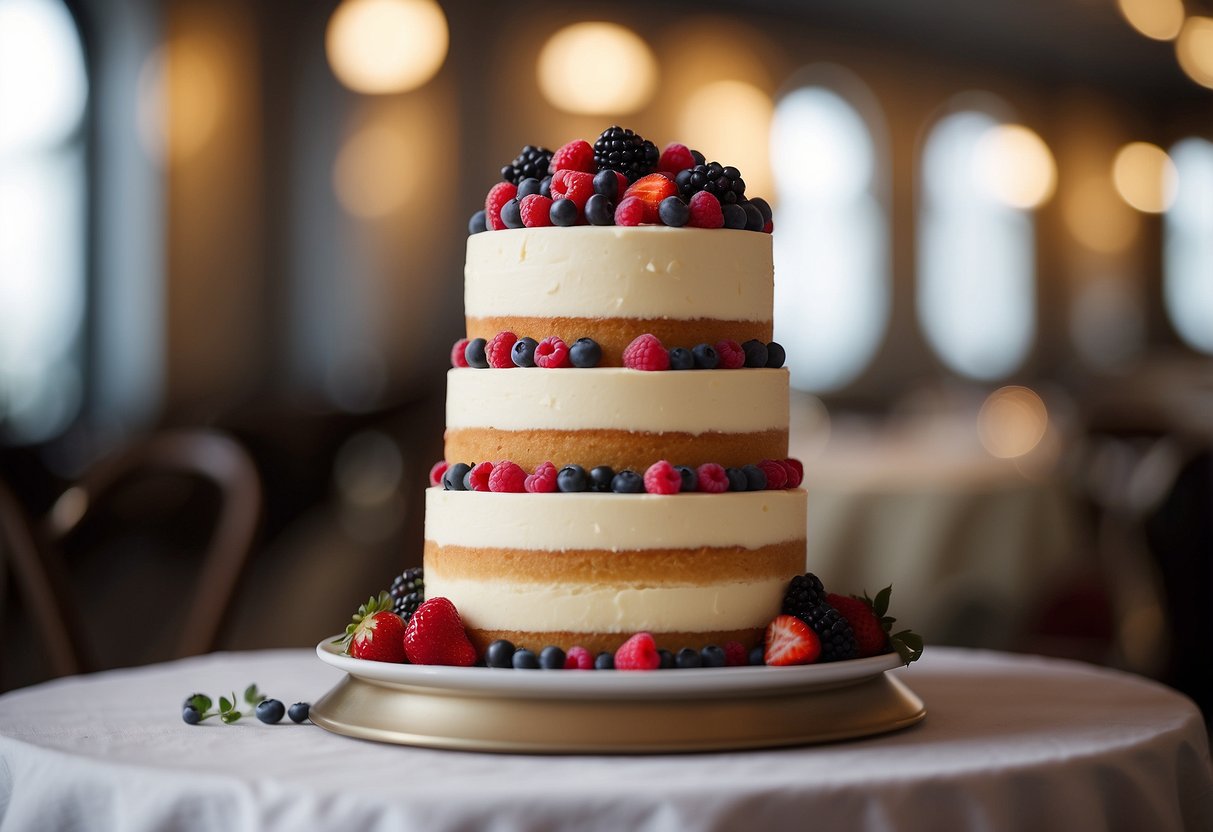 A towering wedding cake adorned with layers of classic New York cheesecake, topped with delicate icing and fresh berries