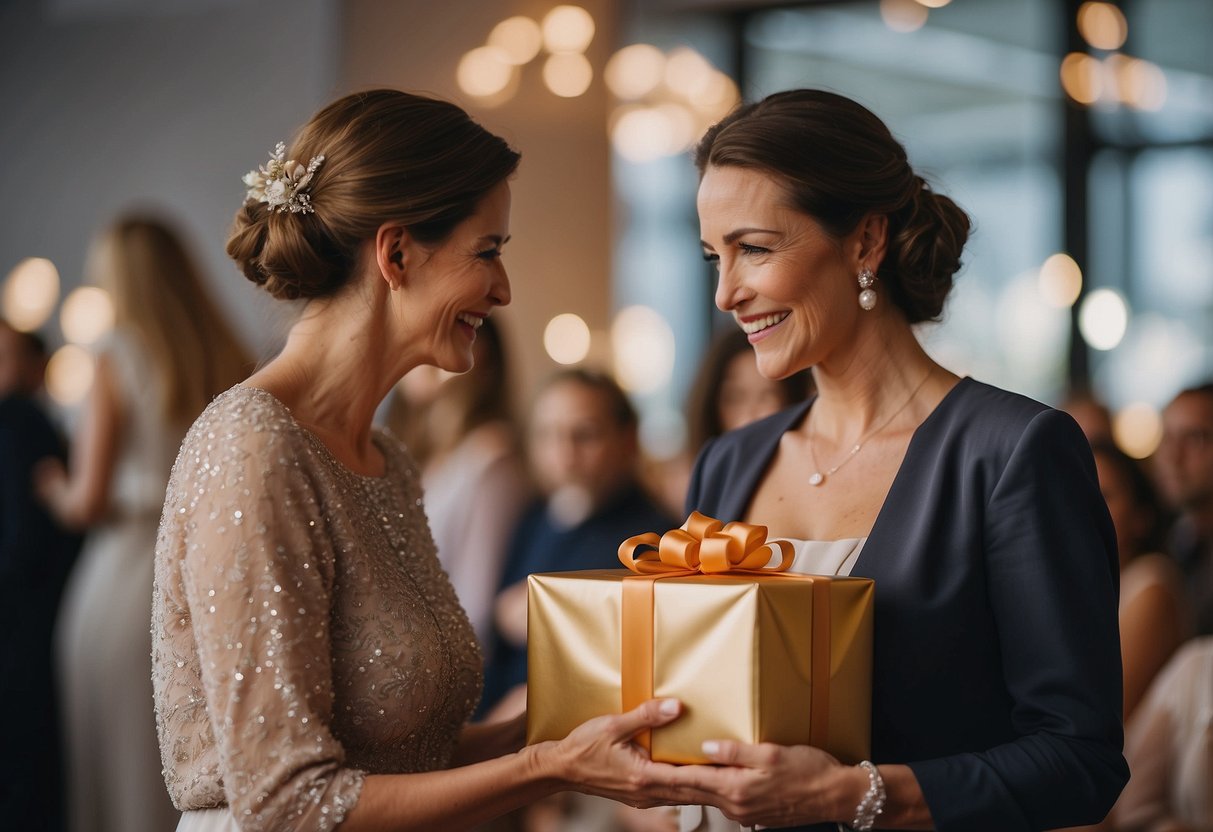 The mother presents a gift to her daughter at the wedding