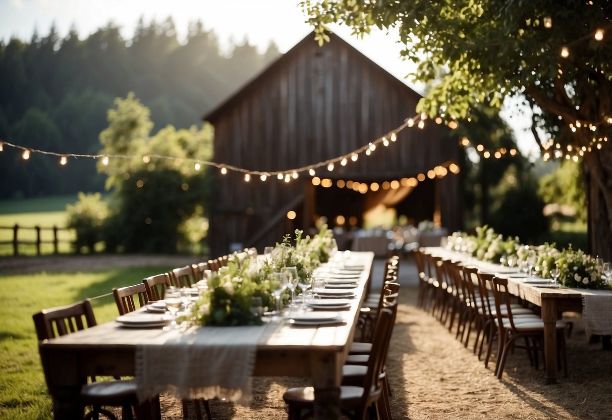 A charming rustic barn adorned with string lights, surrounded by rolling fields and a clear blue sky. Tables set with simple, elegant decor and a backdrop of lush greenery