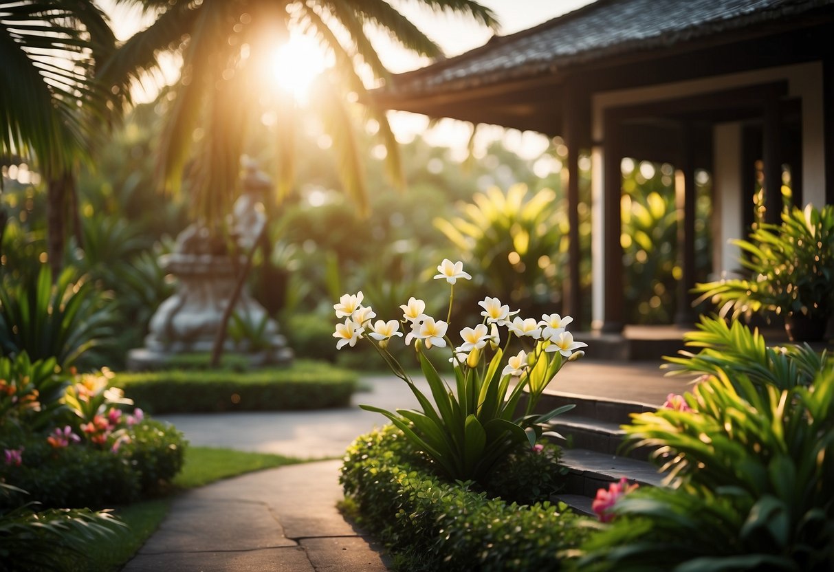 Lush garden with vibrant flowers, palm trees, and a traditional Balinese altar. A gentle breeze carries the scent of frangipani as the sun sets over the tranquil setting