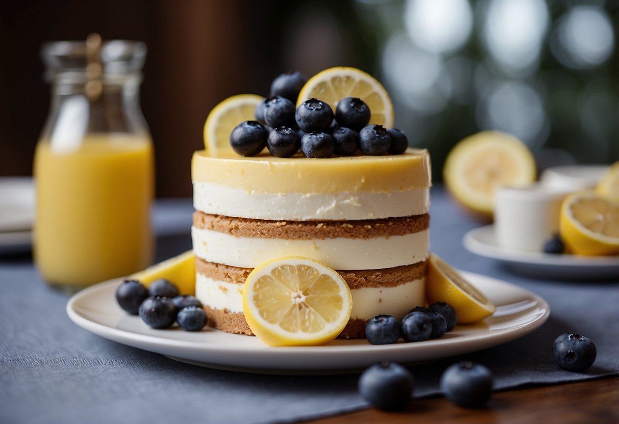 A three-tiered wedding cake adorned with lemon and blueberry accents, topped with a decadent cheesecake layer