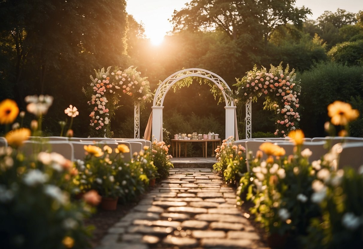 A flower-adorned arch stands at the center of a lush garden. Petals line the aisle as guests take their seats. The sun sets behind a picturesque backdrop, casting a warm glow over the scene