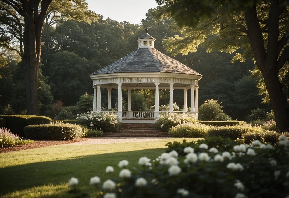 A grand historic estate in Virginia with lush gardens and a charming gazebo, perfect for a romantic and affordable destination wedding