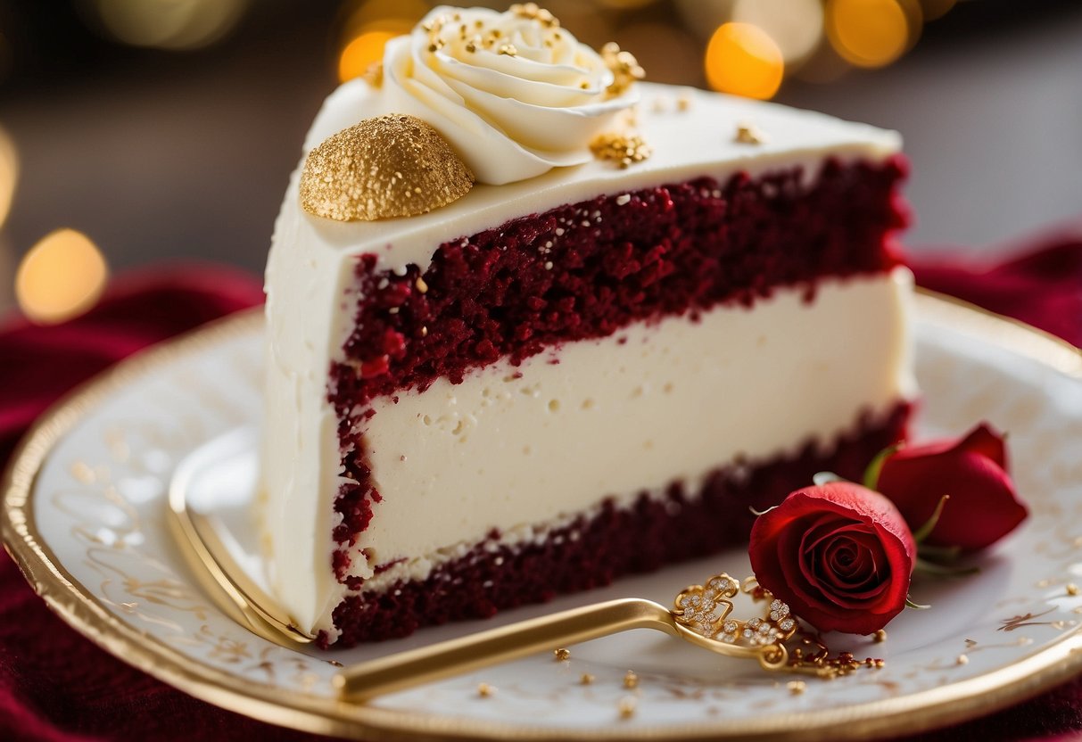 A three-tiered red velvet cheesecake wedding cake adorned with cream cheese frosting and delicate red velvet crumbs, topped with elegant white roses and gold accents