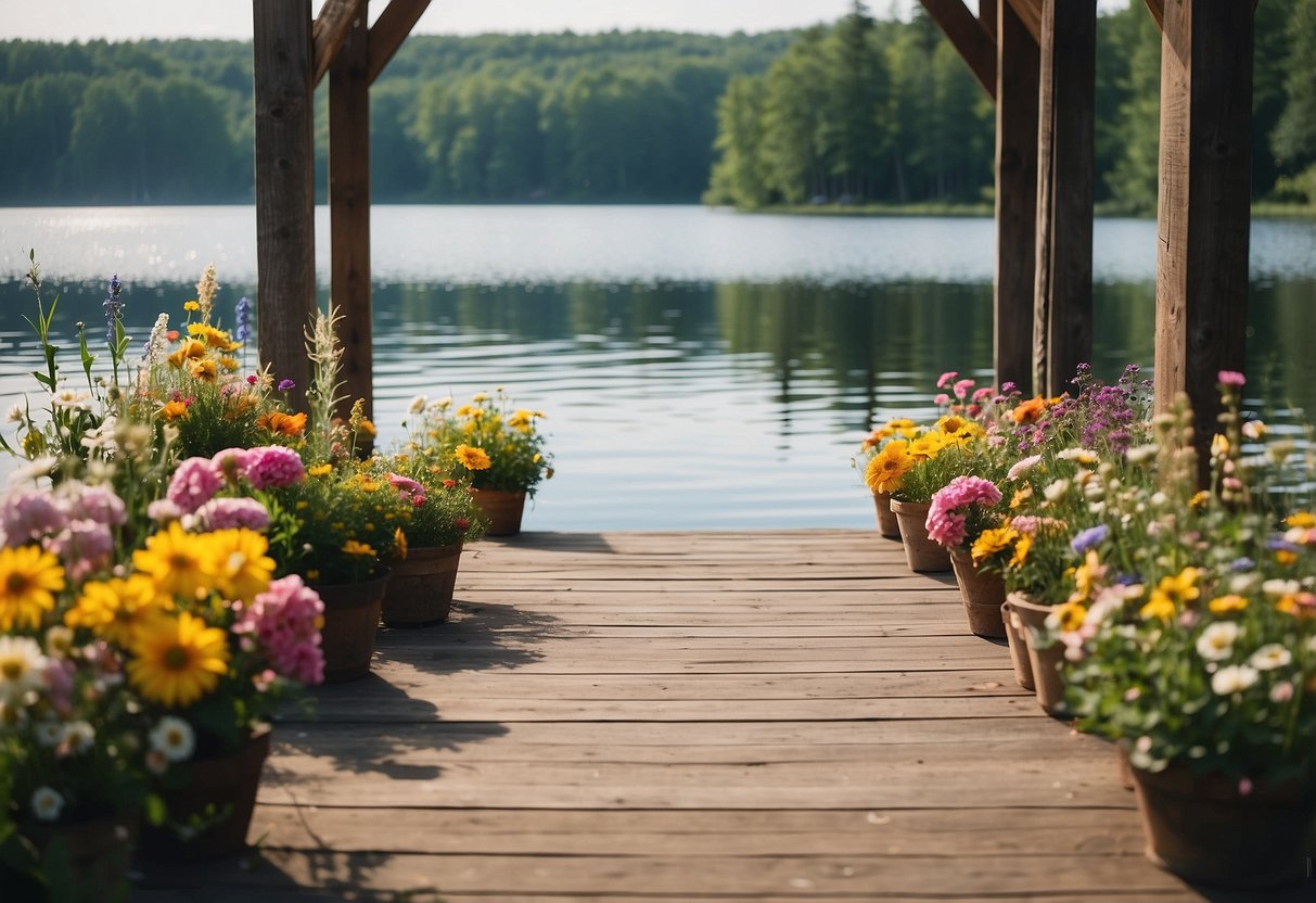 A lakeside celebration in Michigan with colorful flowers, a rustic wooden arch, and a serene lake backdrop