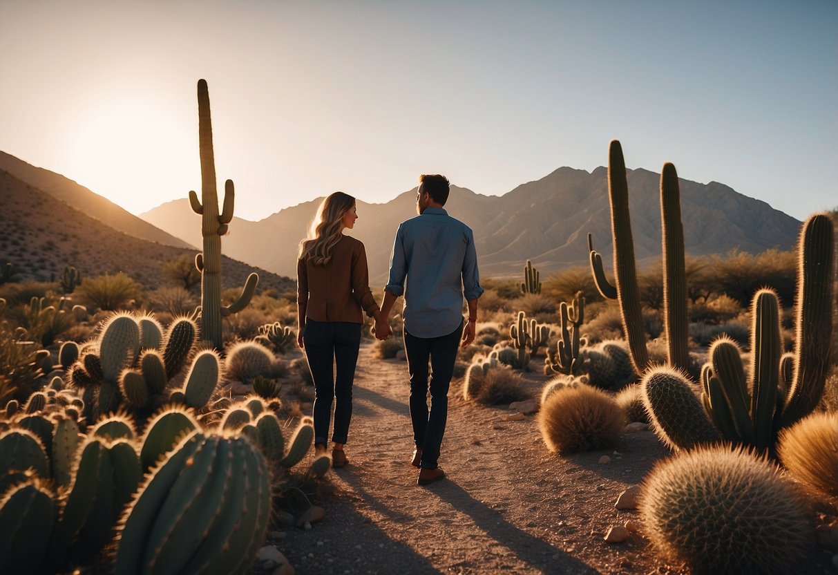 A couple standing in front of a rustic wooden archway with desert landscape in the background. Cacti and succulents scattered around the area, with the sun setting behind the mountains